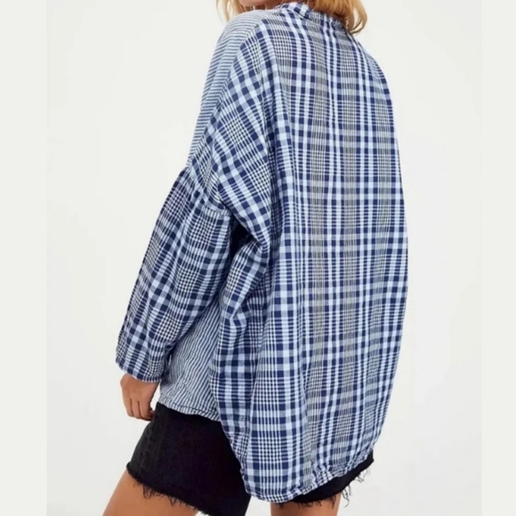 RARE New Free People x CP SHADES Boxy Bed Jacket Top plaid blue Boho - Picture 11 of 11